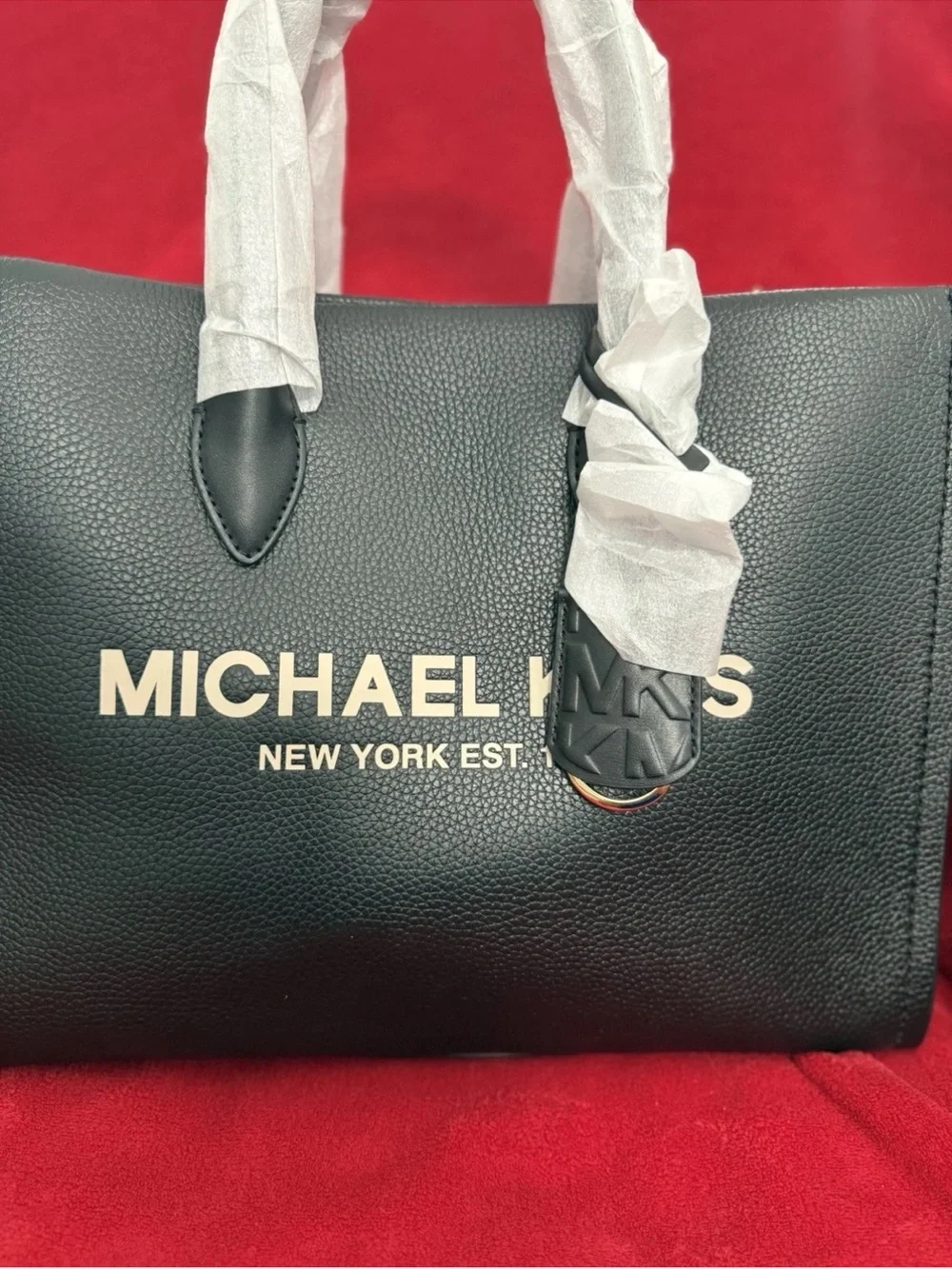 Michael Kors Black Leather Logo Tote with Gold Lettering